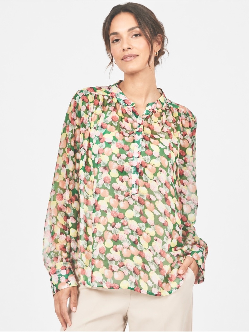 I.Madeline Sheer Fruit Pattern Button Front Long Sleeve Relaxed Oversized Blouse